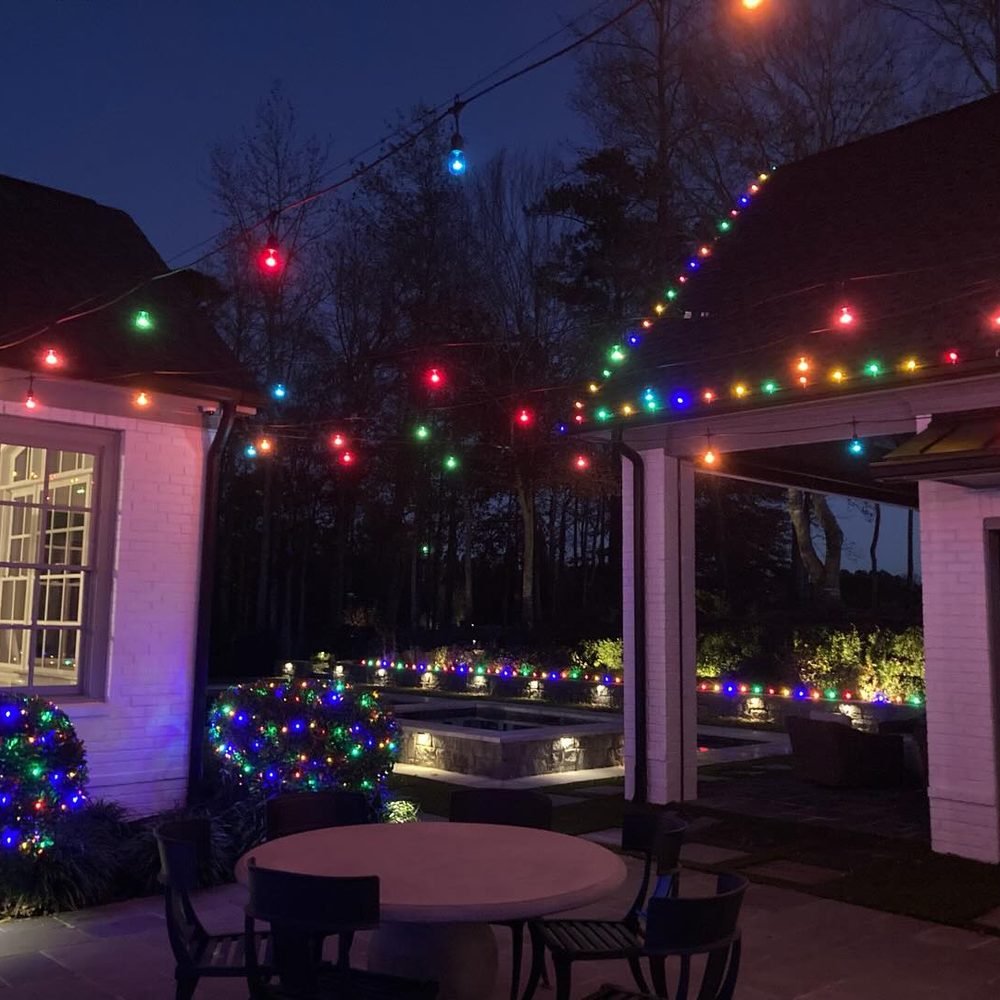 Rear terrace at blue hour under swagged cafe lights, with the pavilion roofline and the surrounding shrubs picked out in colour